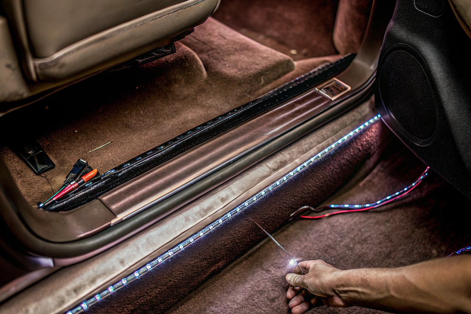 Nahaufnahme der Installation von LED-Leisten im Fußraum eines Autos. Installation von LED-Leisten im Auto
