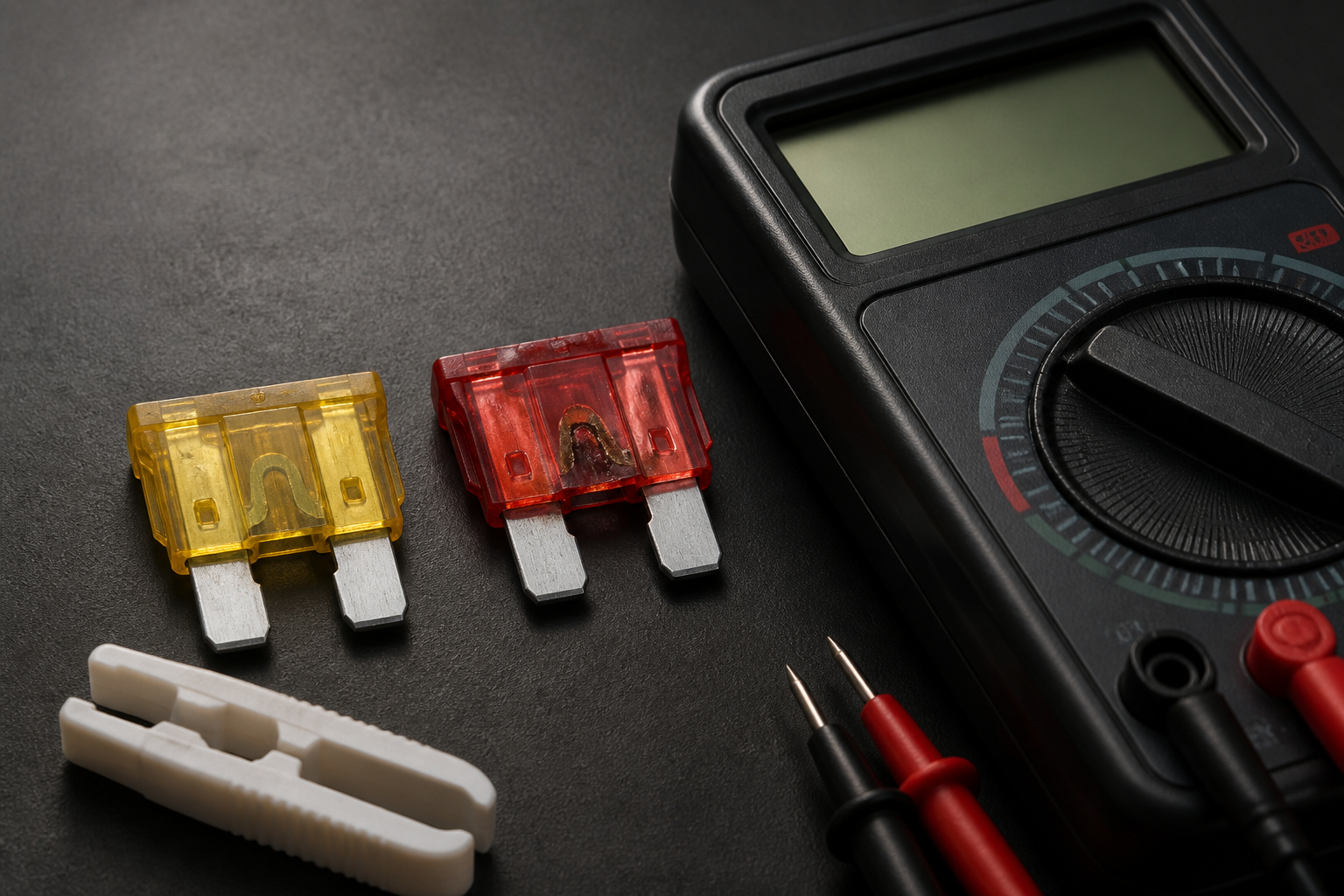 Intakte und durchgebrannte Autosicherung mit Multimeter