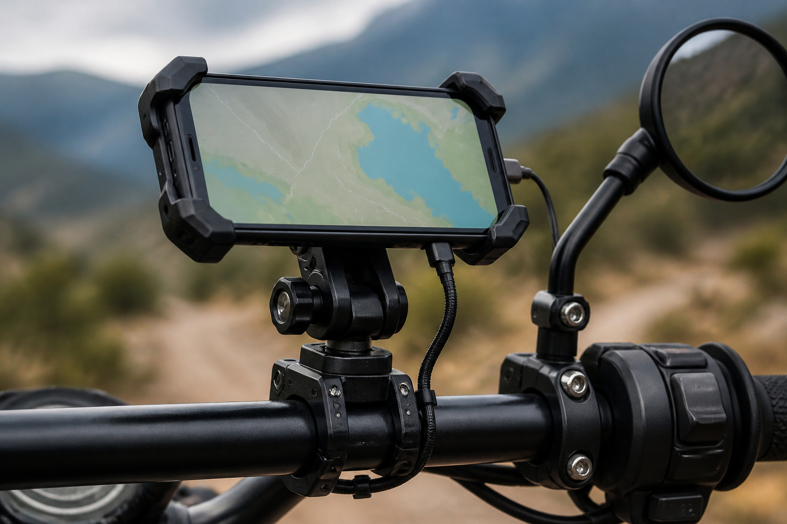 Motorrad Smartphone Halterung am Lenker und an der Spiegelaufnahme