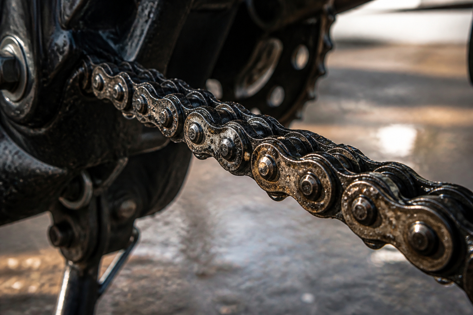 Verschmutzte Motorradkette nach Regen und trockener Straße