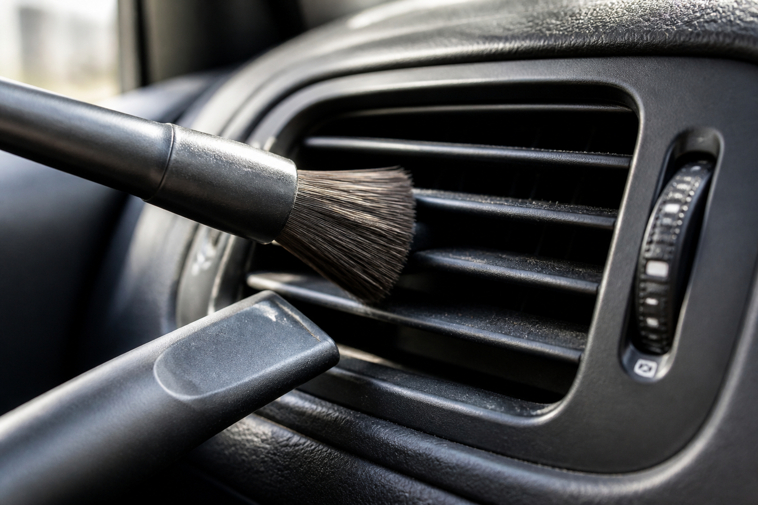 Weiche Bürste reinigt Lüftungsschlitze im Auto