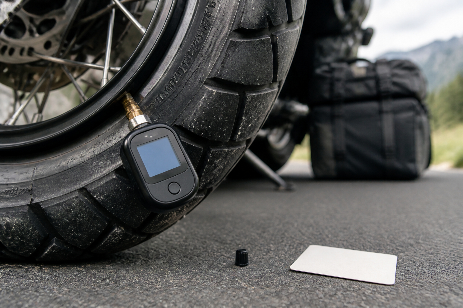 Digitalen Reifendruckprüfer am Motorradreifen richtig ansetzen