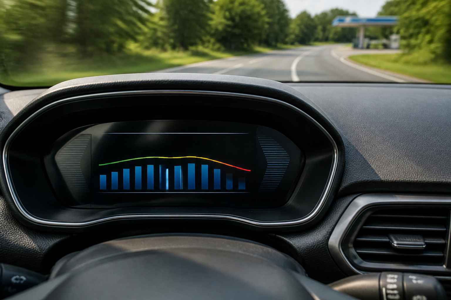 Digitale Verbrauchsanzeige im Auto beim realistischen Messen des Spritverbrauchs