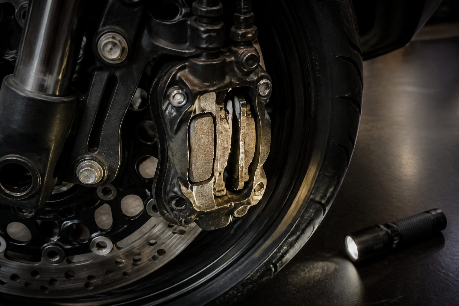 Motorradbremsbeläge auf Verschleiß prüfen