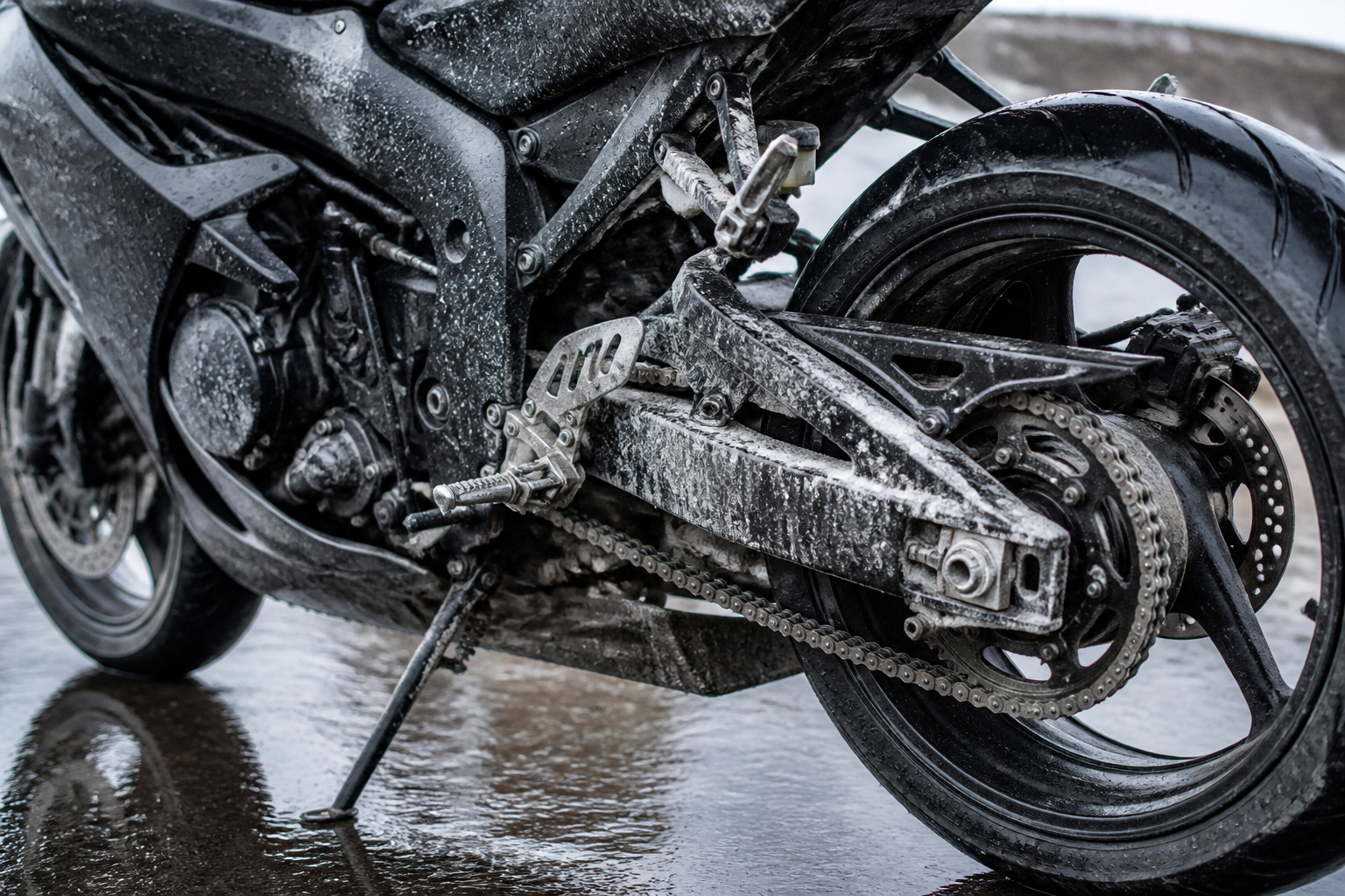 Motorrad mit Streusalz und Winterschmutz nach einer Fahrt