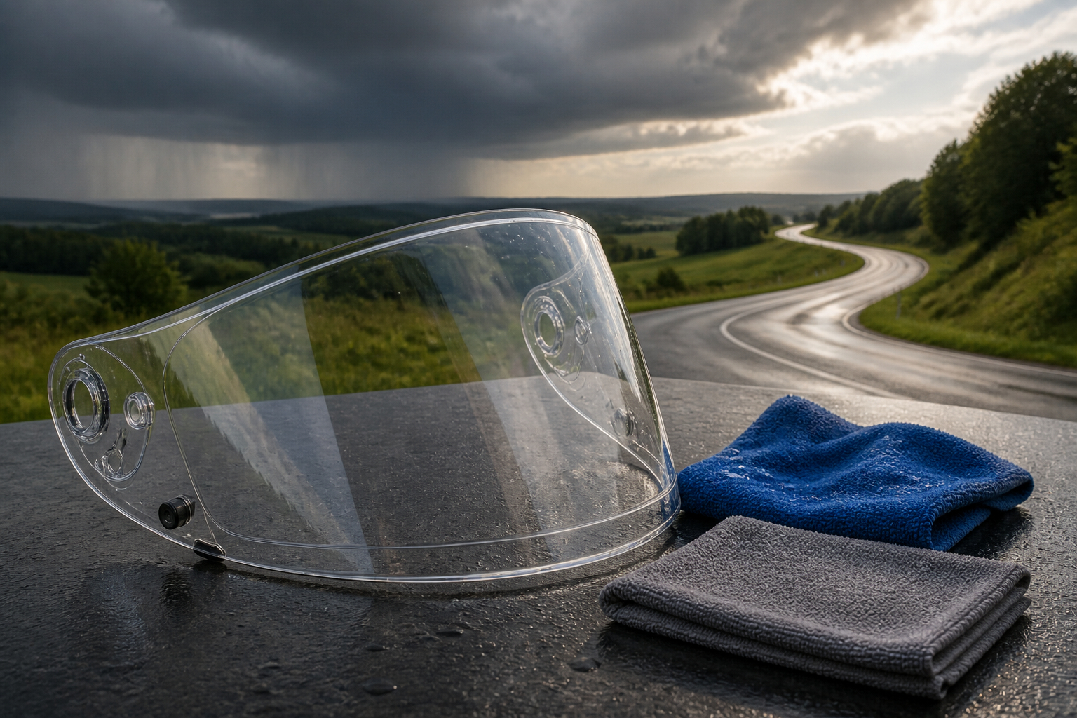 Sauberes Motorradvisier mit Mikrofasertüchern für klare Sicht