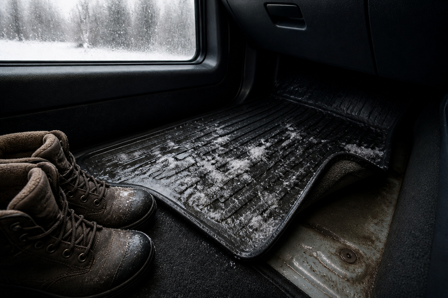 Nasse Autofußmatte im Winter mit Schneematsch und beschlagener Scheibe
