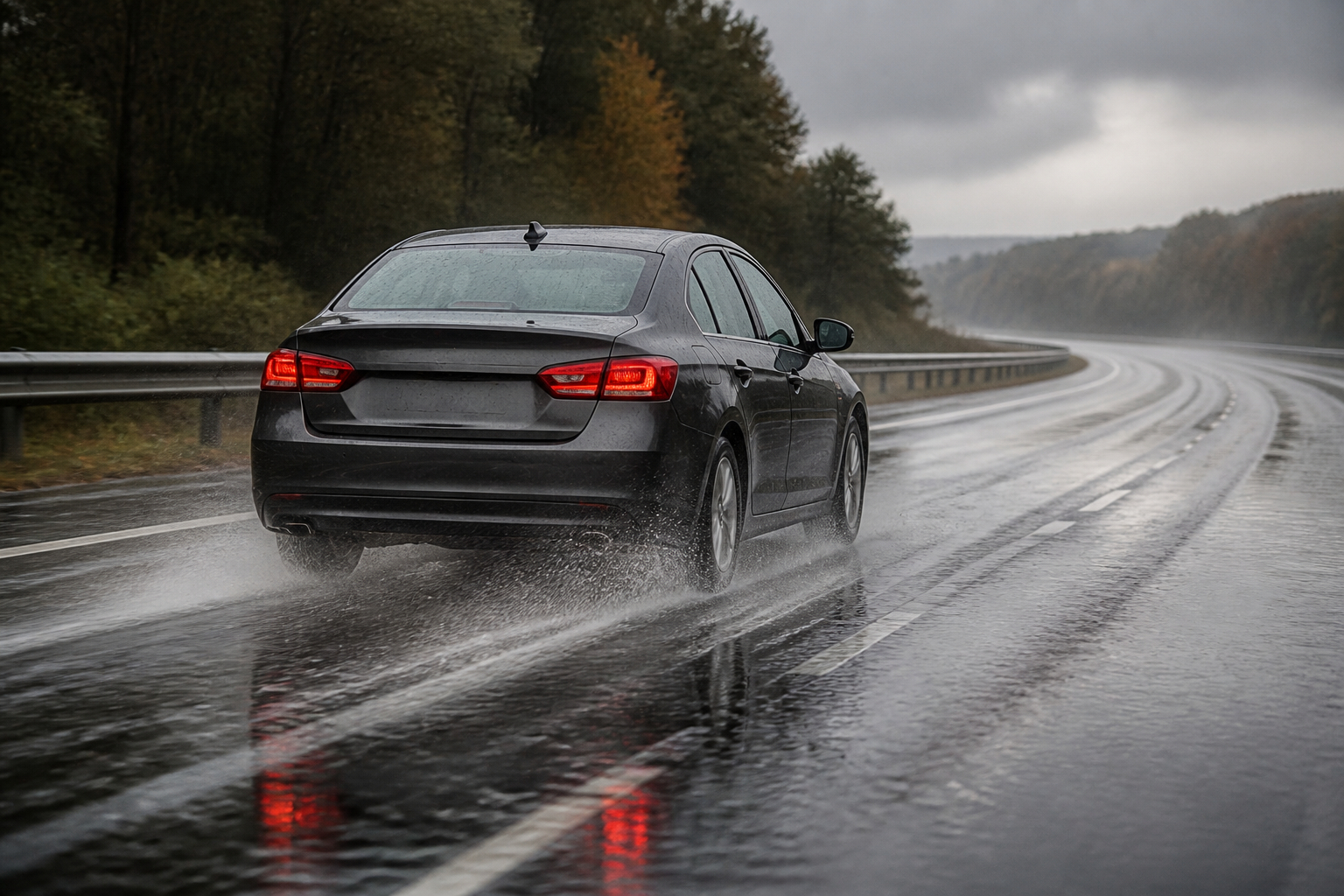 Aquaplaning Gefahr durch Wasser auf nasser Straße und Spurrillen