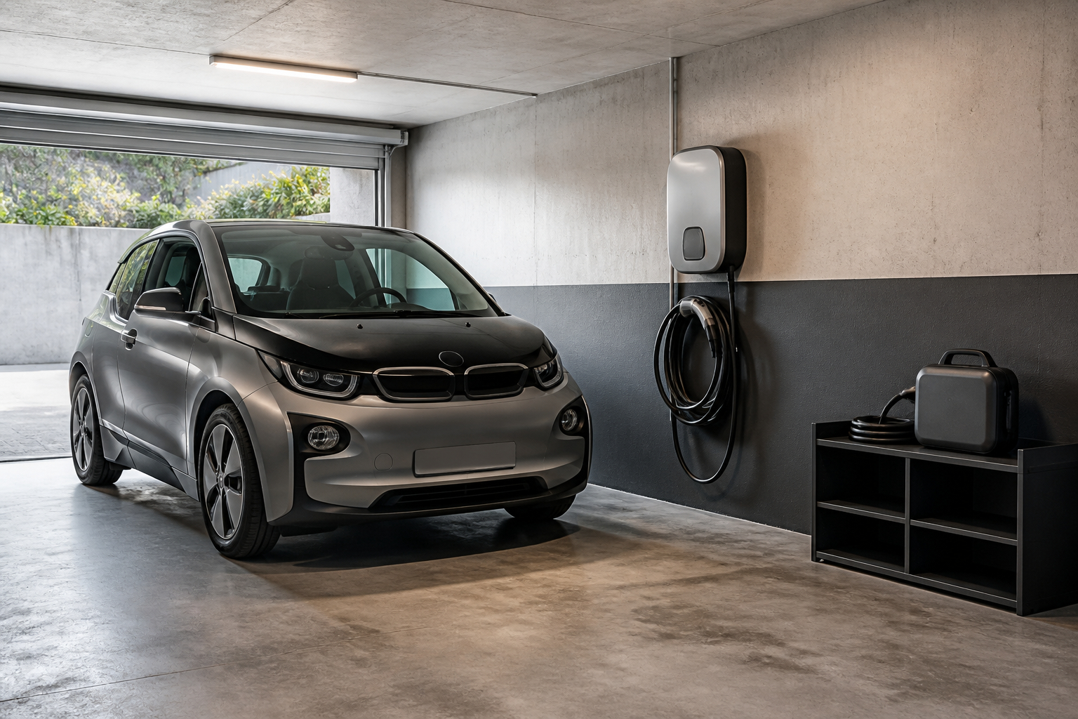 Ordentlich verstautes mobiles Wallbox-Ladekabel in der Tiefgarage