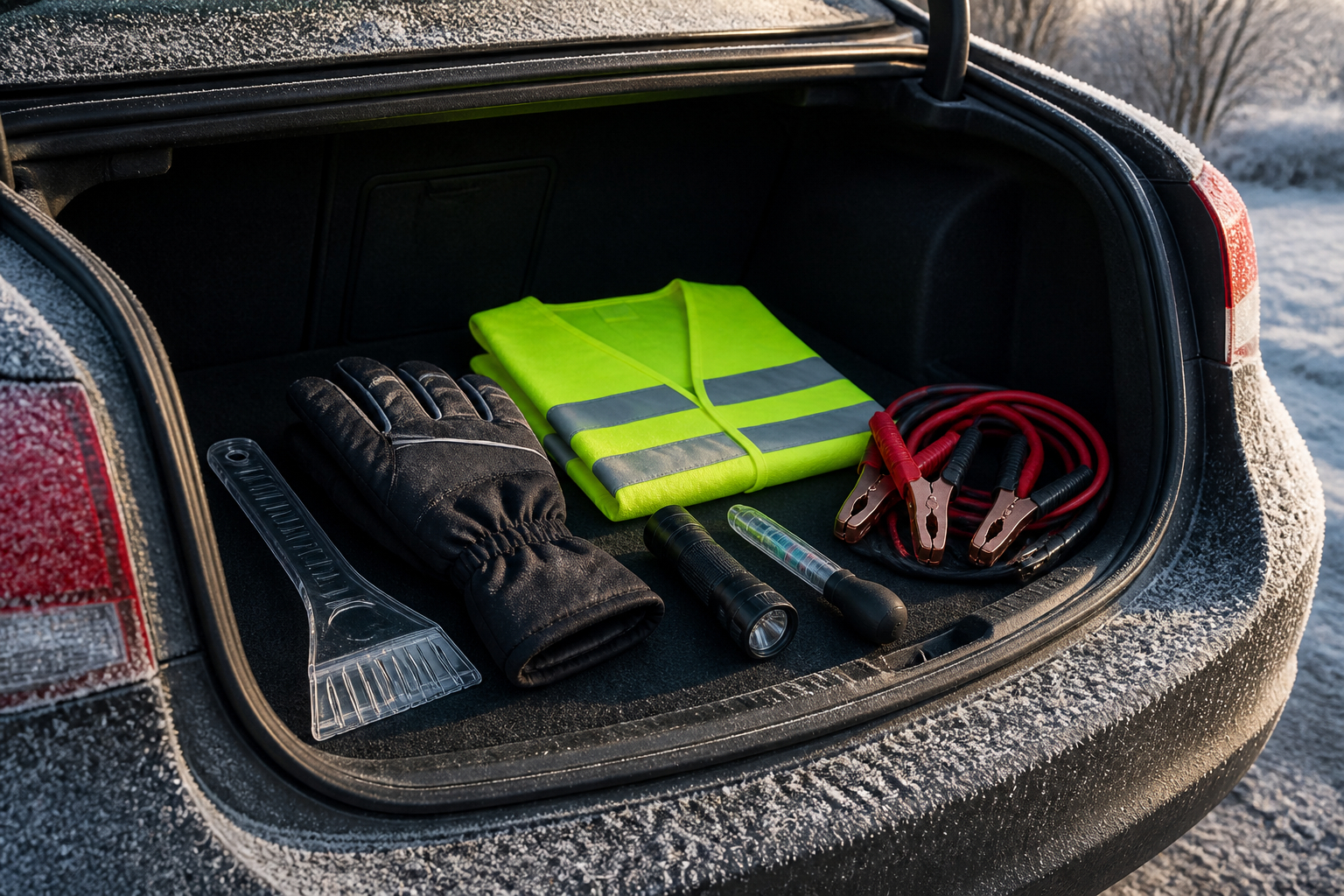 Winterausrüstung und Frostschutzprüfer im Auto