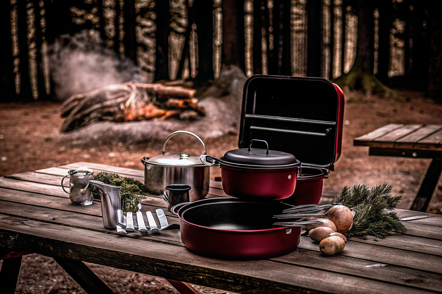 Outdoor-Kochen mit einem Camping Kochgeschirr Set. Kochen auf dem Campingplatz