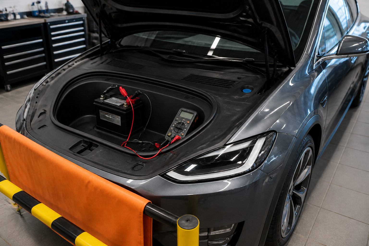 Pannenhelfer testet 12-Volt-Batterie eines Elektroautos