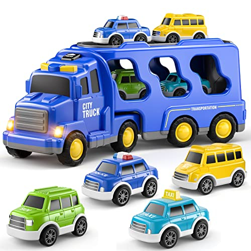 TEMI Kleinkind LKW Spielzeug für 3 4 5 6 7 Jahre alte Jungen.5 Pack Träger LKW Transport Stadtfahrzeuge Spielset, Kinder Spielzeug Auto für Mädchen Jungen Kleinkinder Reibung Power Set