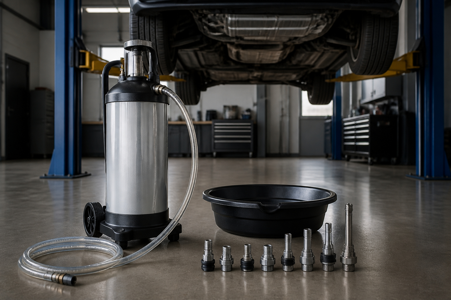 Getriebeölpumpe mit Schlauch und Adaptern in der Werkstatt