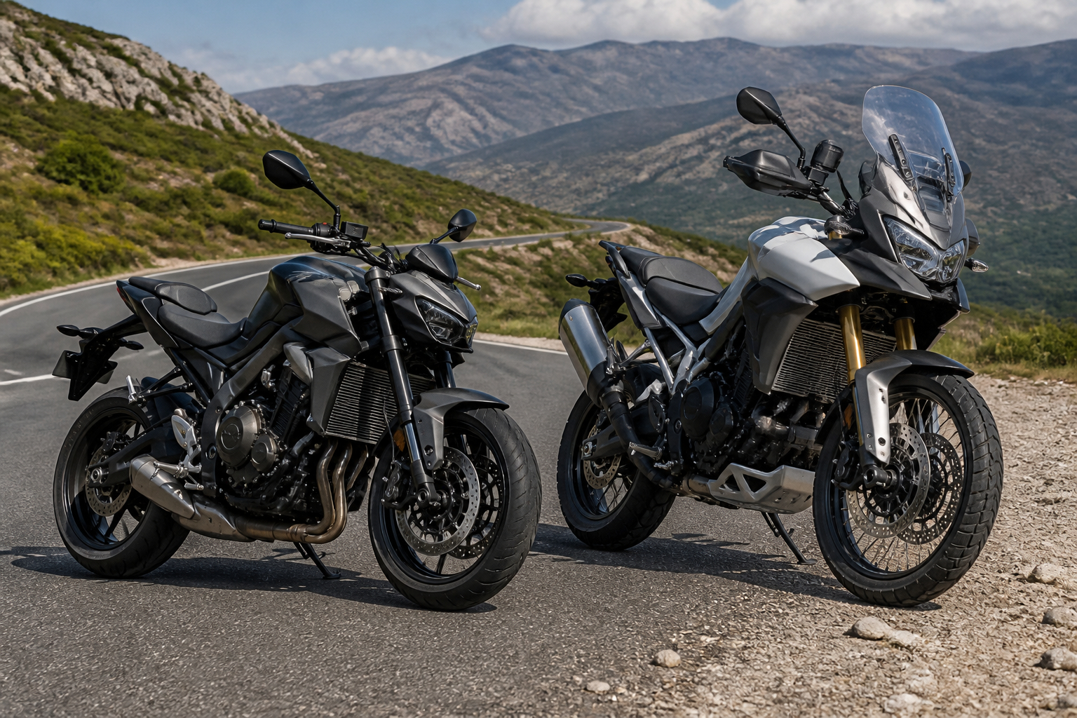 Motorrad auf Landstraße mit exponiertem Kühler als Ziel für Kühlerschutzgitter