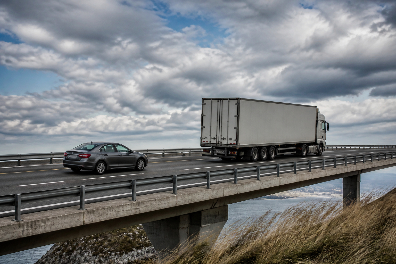 Pkw überholt Lkw bei starkem Seitenwind