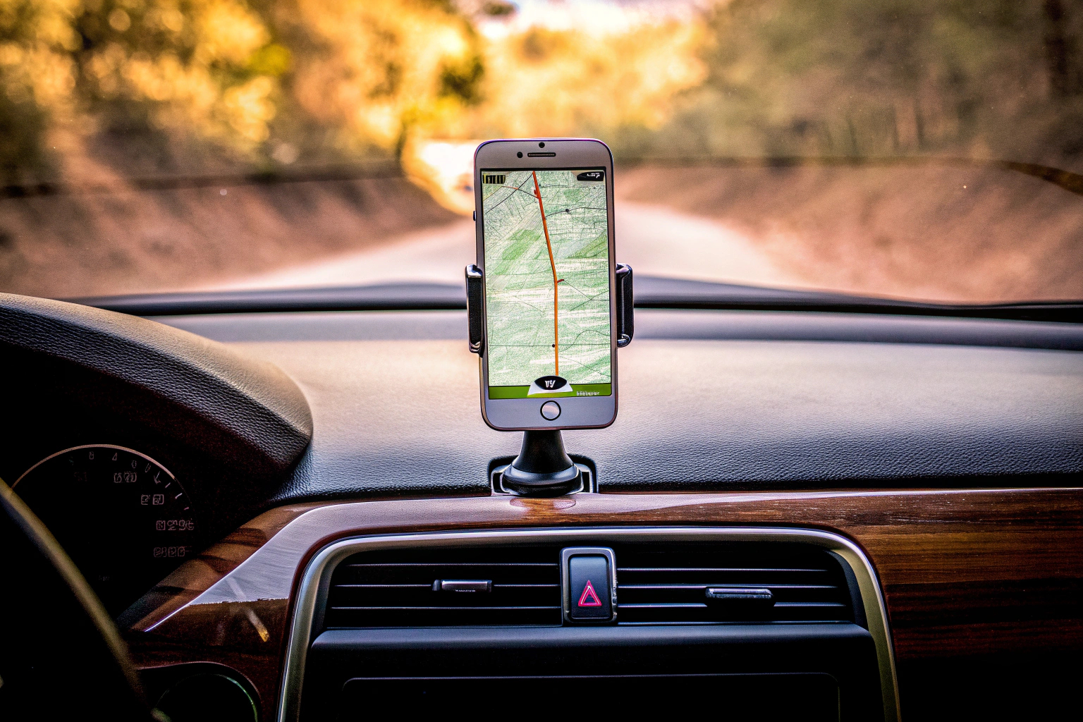Smartphone mit geöffneter Navigations-App, das im Auto montiert ist. Navigations-App auf Smartphone