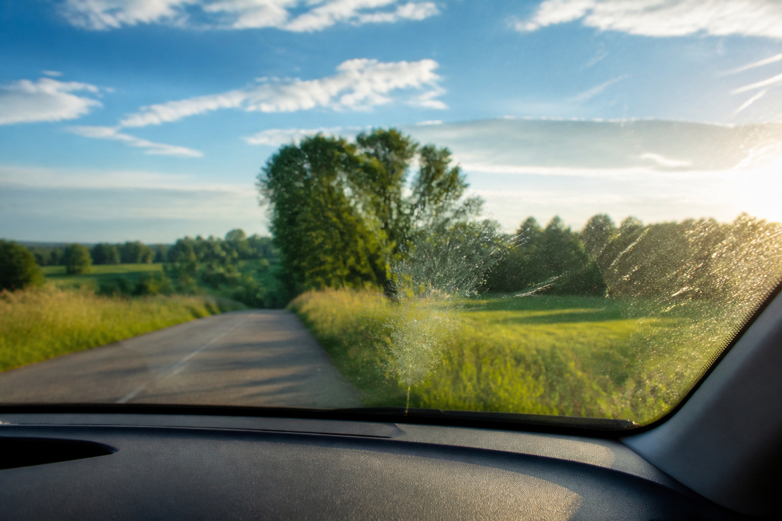 Klare Windschutzscheibe im Sommer nach der Reinigung