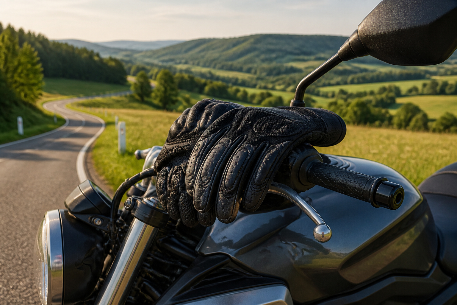 Motorradfahrer mit atmungsaktiven Sommerhandschuhen auf Tour