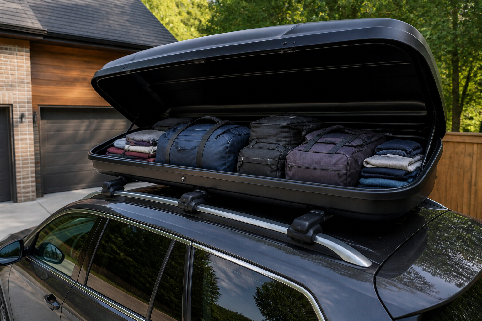 Dachbox richtig beladen mit geordneten Taschen und gleichmäßig verteilter Ladung