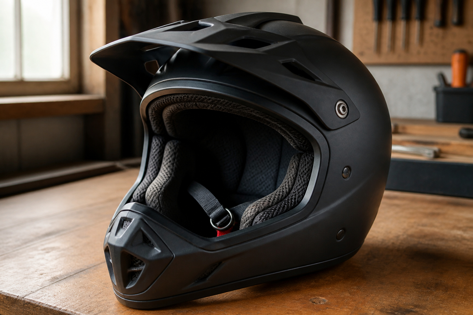 Innenaufbau eines Motorradhelms mit Polstern und Kinnriemen