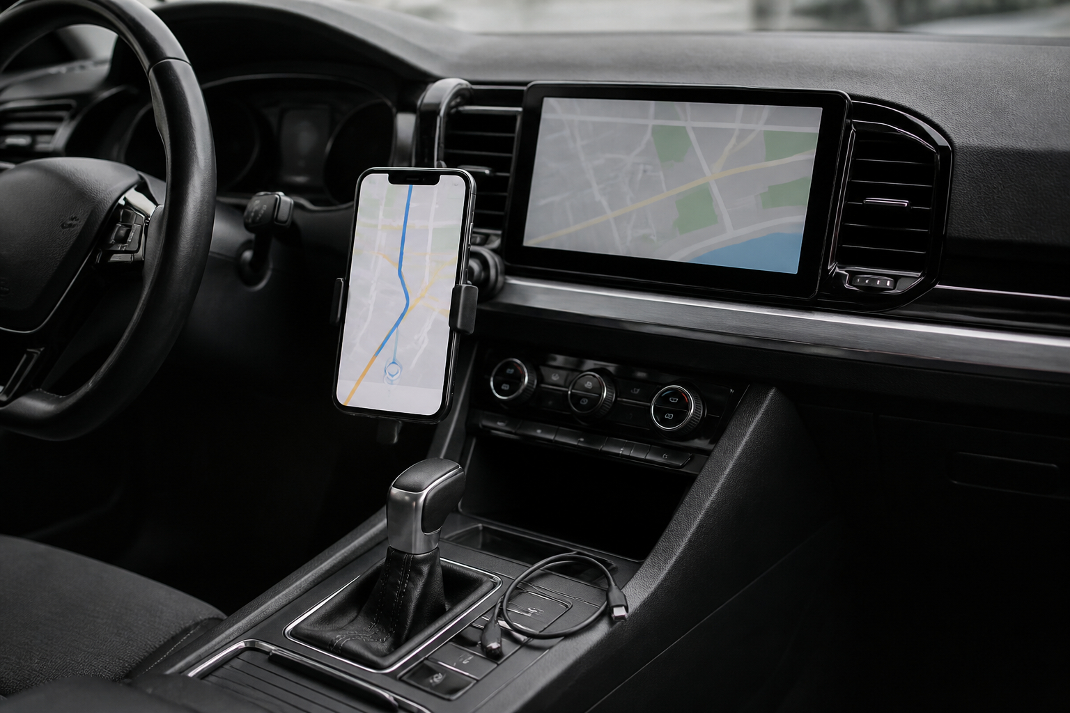 Android Auto kabellos im Auto mit Smartphone und Infotainment-Display
