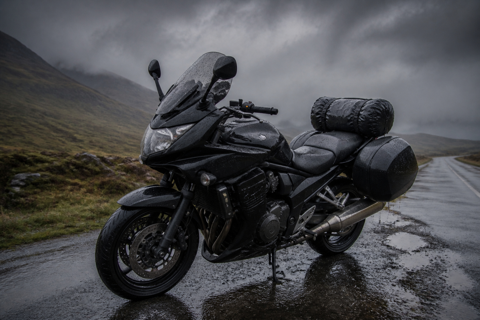Motorrad mit wasserdichter Gepäckrolle bei Regen auf nasser Straße