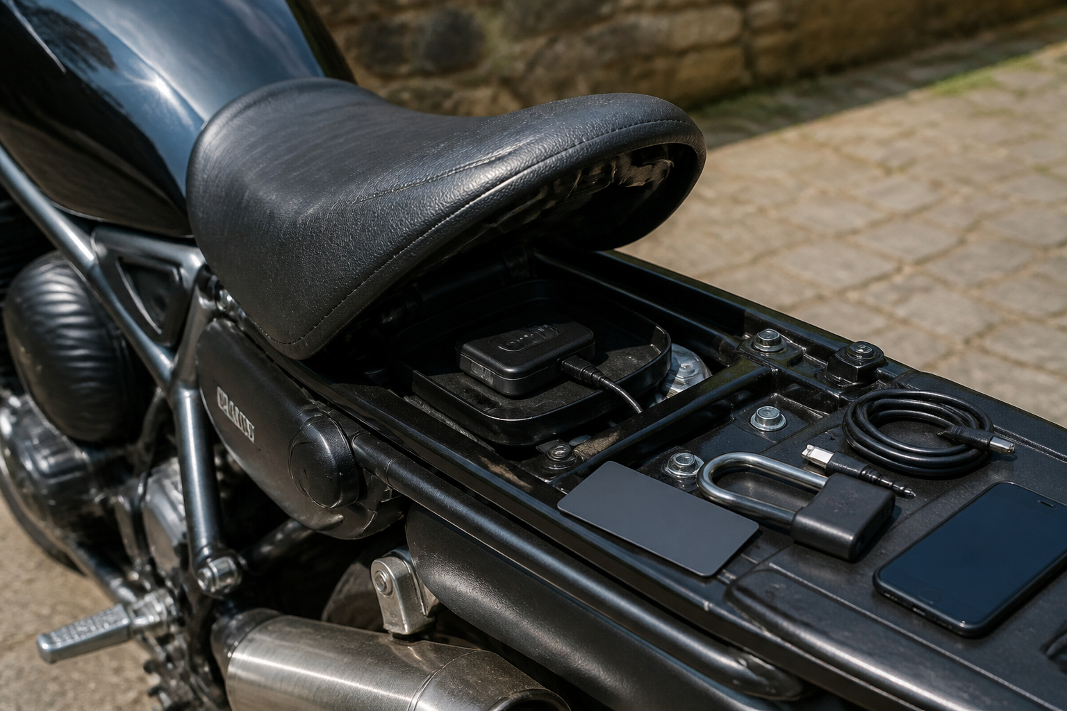 Motorrad GPS Tracker unter dem Sitz kontrollieren und Akku prüfen