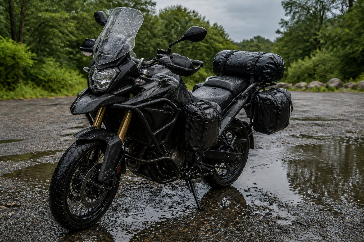 Motorrad mit wasserdichten Sturzbügeltaschen und Hecktasche