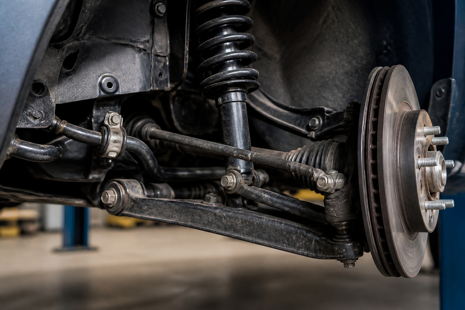 Mechaniker prüft Lenkung und Fahrwerk auf Knackgeräusche