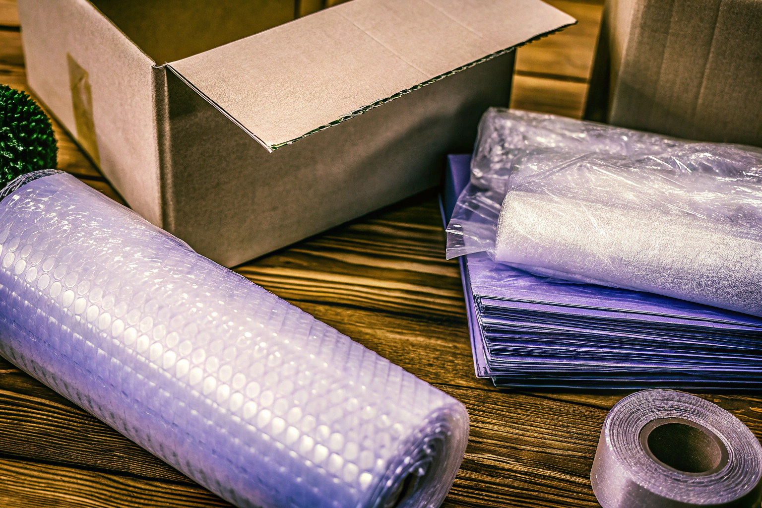 Verpackungsmaterialien wie Luftpolsterfolie und Packpapier, die auf einem Tisch ausgebreitet sind Verpackungsmaterialien für den Umzug