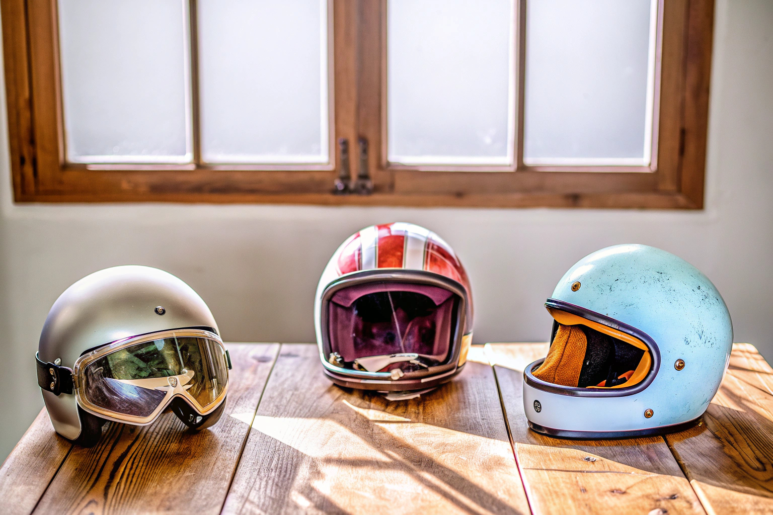 Verschiedene Arten von Motorradhelmen, darunter Integral-, Klapp- und Jethelme. Verschiedene Motorradhelmtypen