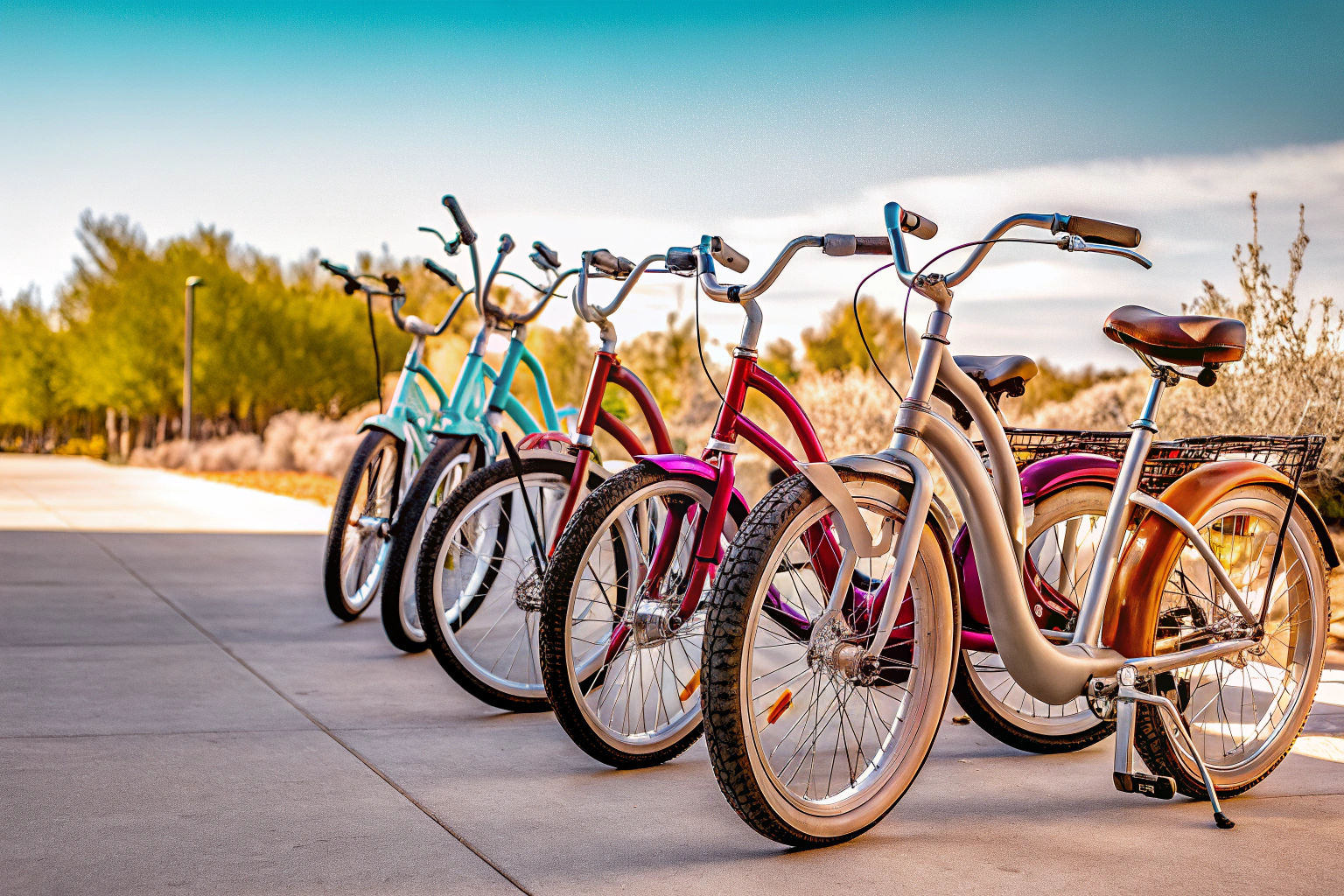 Verschiedene E-Bike-Modelle, die nebeneinander auf einem Weg stehen. E-Bike Modelle im Vergleich