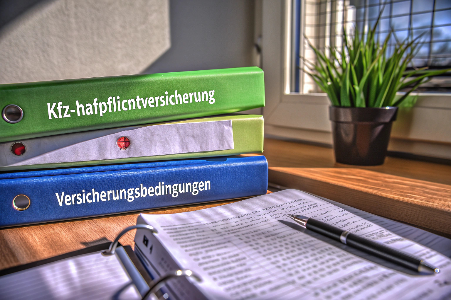 Verschiedene Versicherungsunterlagen auf einem Schreibtisch. Versicherungsunterlagen