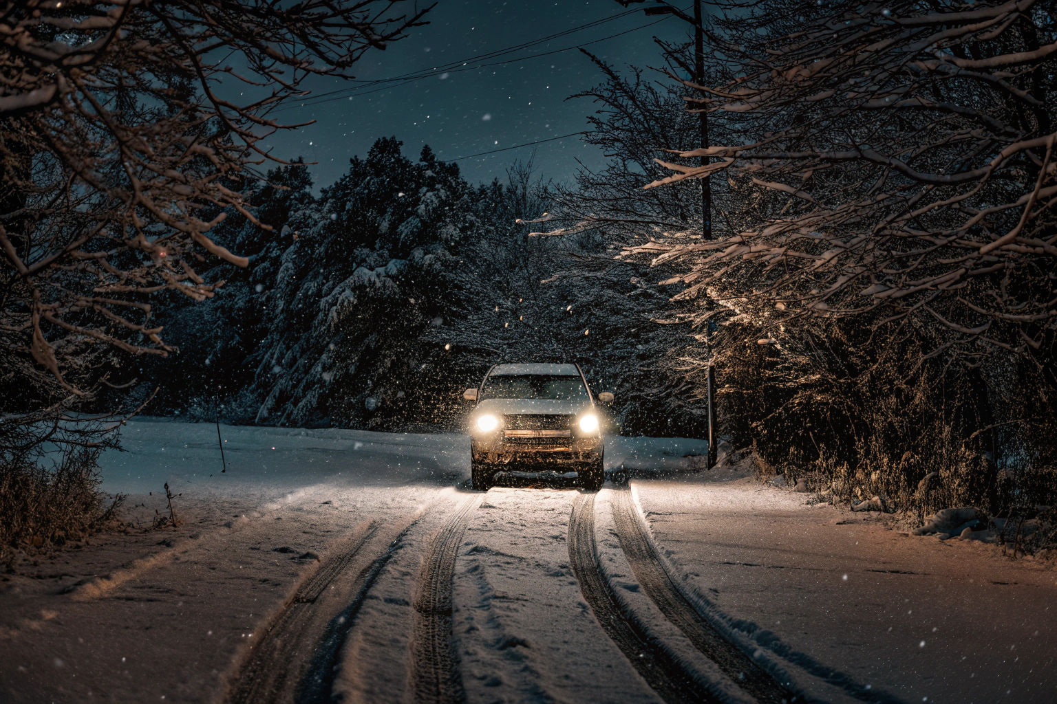 Verschneite Straße mit einem Auto, das mit Winterreifen sicher unterwegs ist. Auto mit Winterreifen auf verschneiter Straße