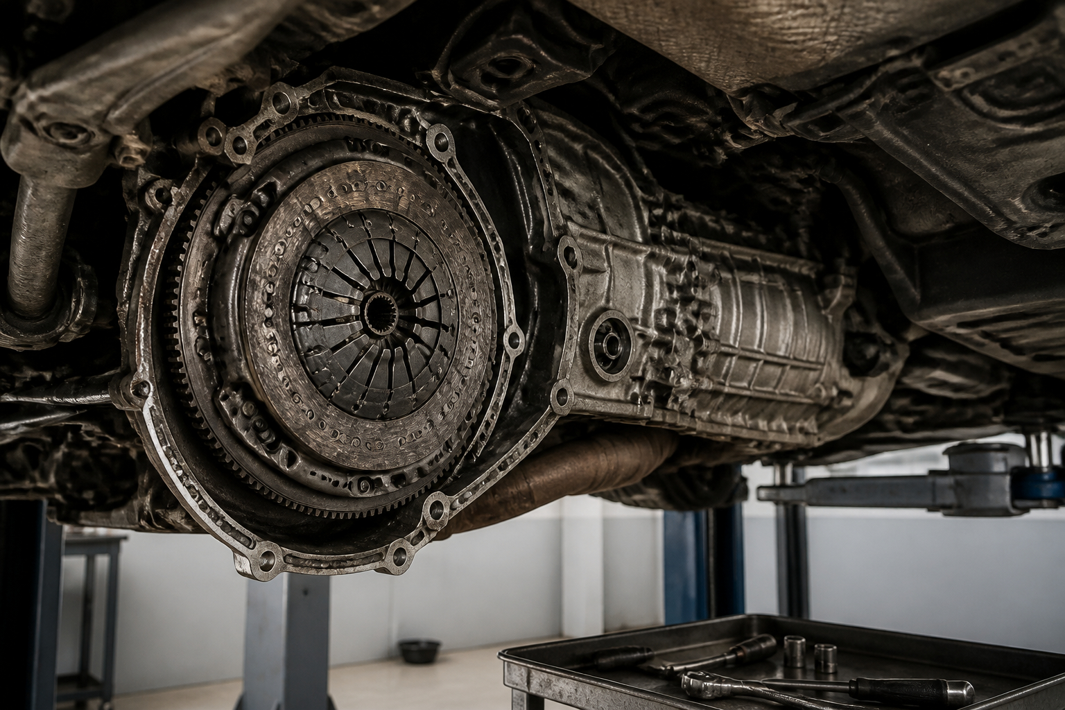Mechaniker prüft Kupplung zwischen Motor und Getriebe