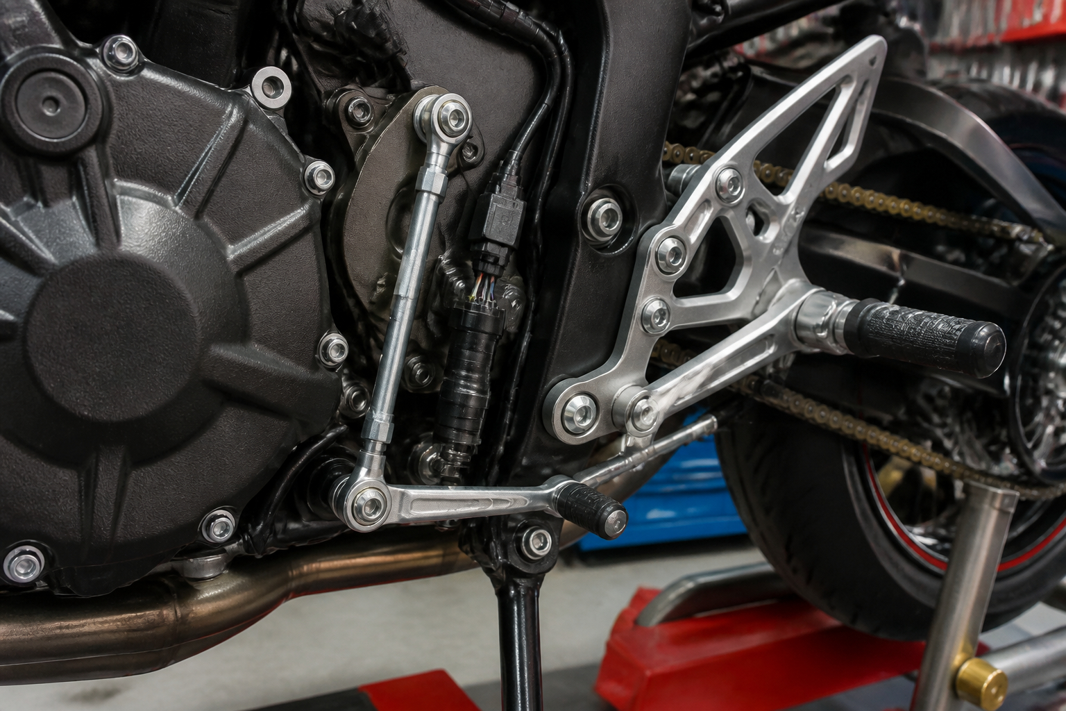 Montage und Prüfung eines Motorrad Quickshifters in der Werkstatt