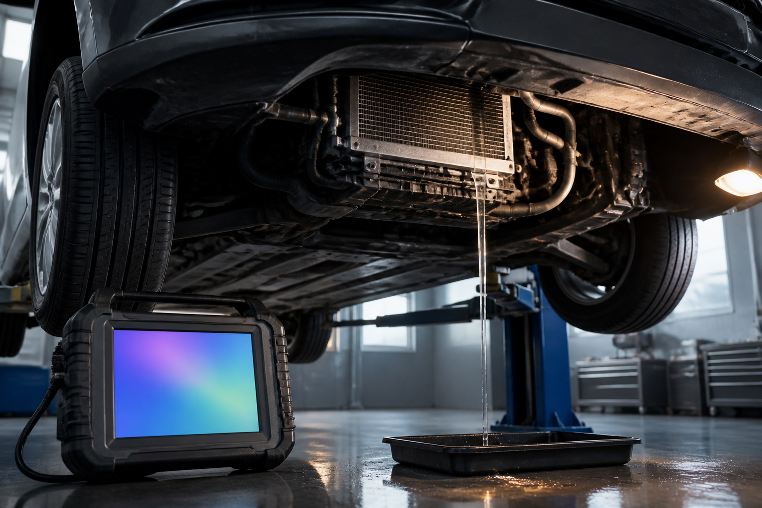 Professionelle Prüfung einer riechenden Auto-Klimaanlage in der Werkstatt
