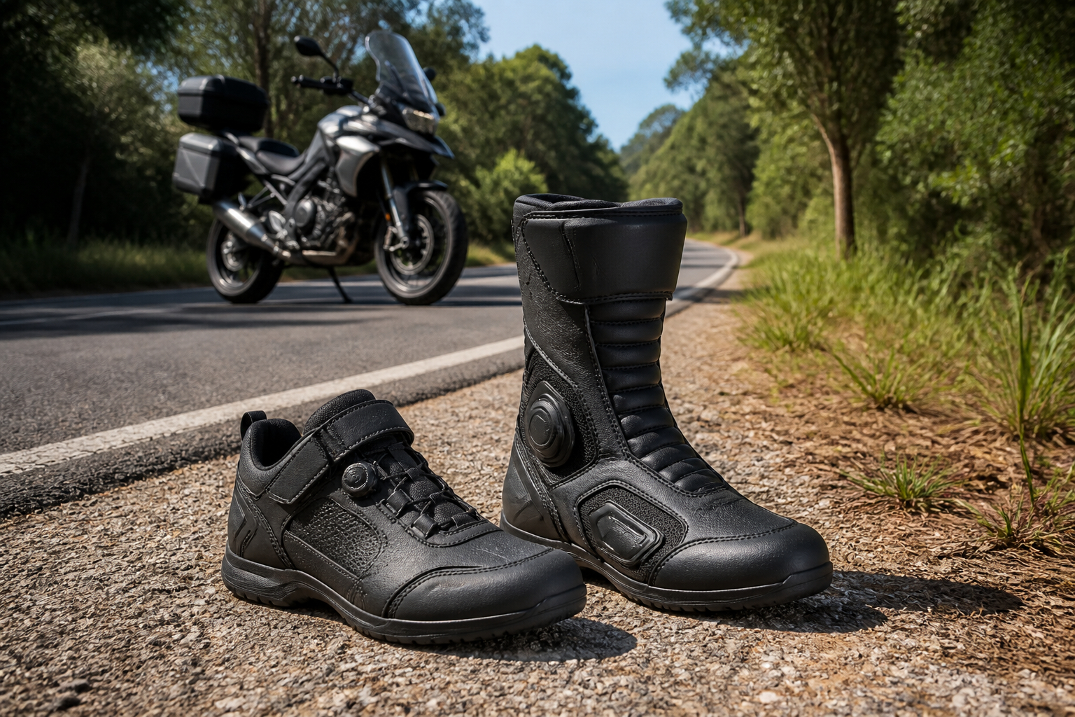 Vergleich kurzer Motorrad-Sneaker und hoher Tourenstiefel